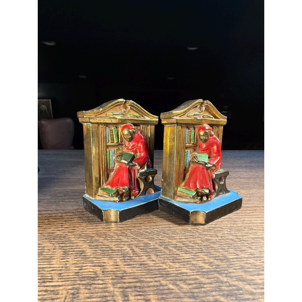 Antique 1922 L.V.‎ Aronson Scholar Bookends Cast Metal Art Deco Library Decor
